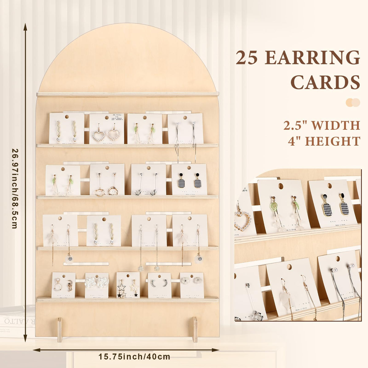 DoubleFill 1 Pcs 5 Tier Wooden Earring Display for Vendor Arch Jewelry Display Stand Rack with Adjustable Height for Retail Selling (Wood Color)