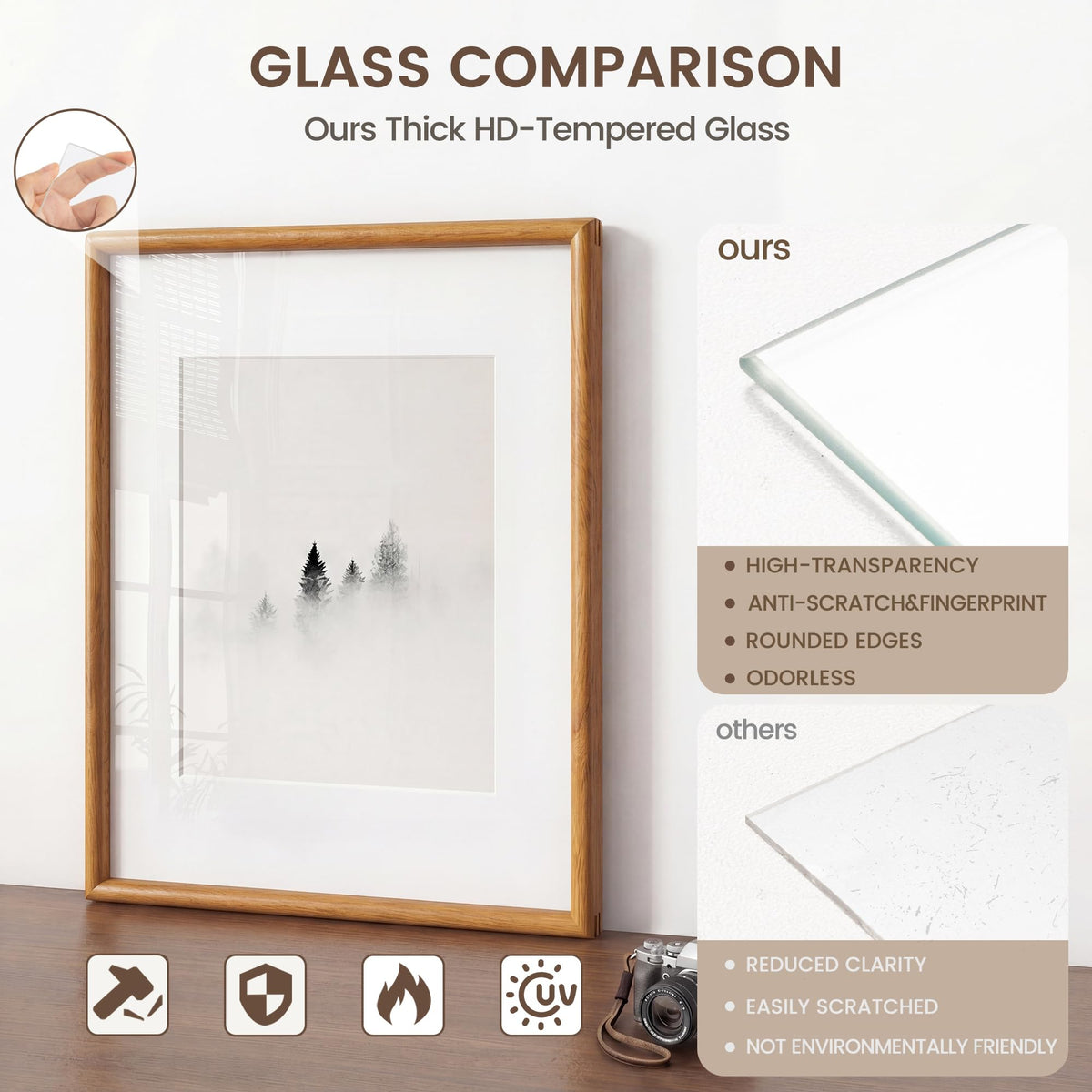 11x14 Picture Frame, USA-Sourced Natural Teak Wood Photo Frame with Tempered Glass, Handcrafted Rounded Corner 11 x 14 Wooden Frame Matted to 8x10 Photos, Hanging Hooks Included