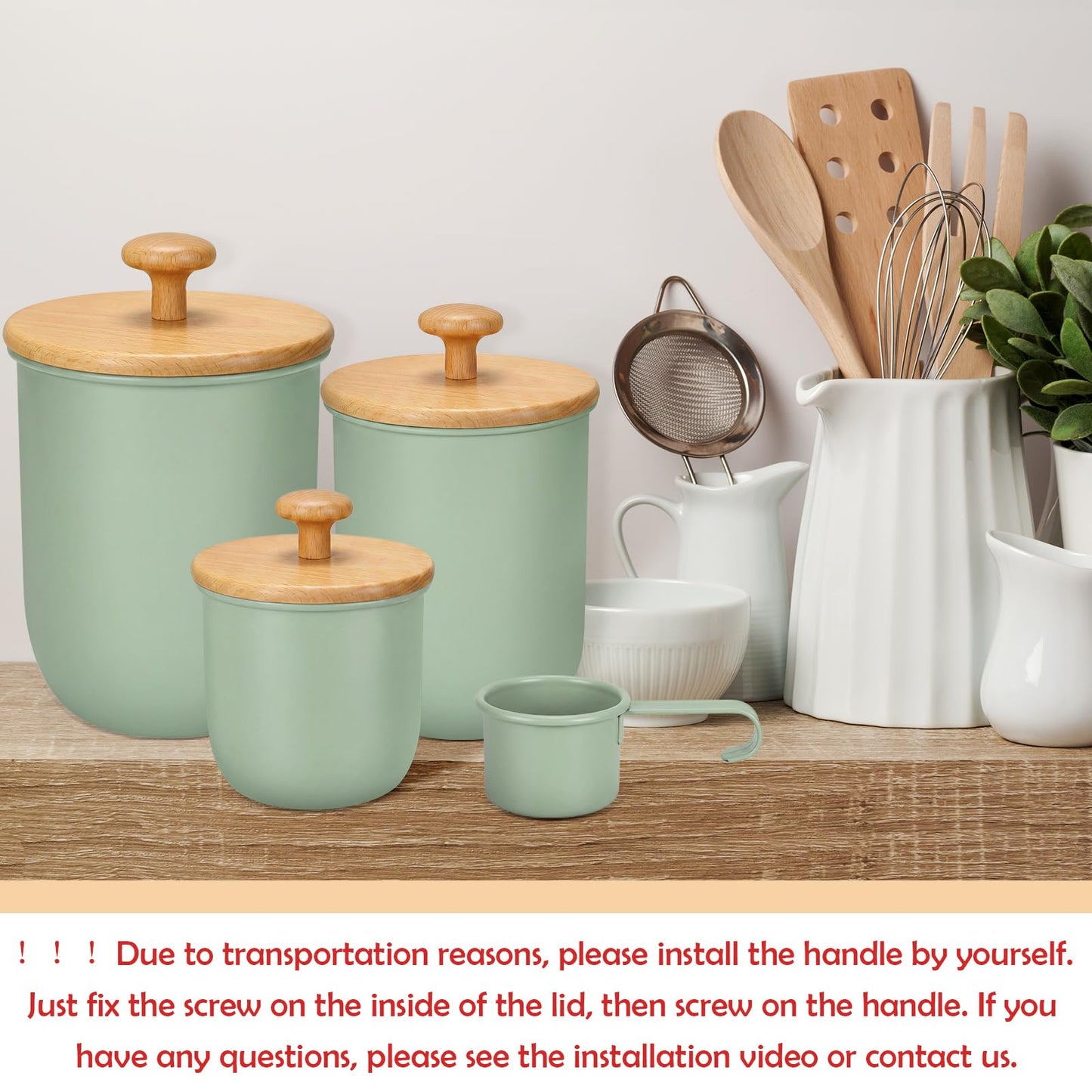 Remerry Metal Kitchen Canisters for Countertop Set of 3 Sugar Flour Canisters Set with Airtight Bamboo Lids Kitchen Jars with Spoon DIY Labels for Coffee, Tea, Spice, Sugar, Salt(Sage Green)