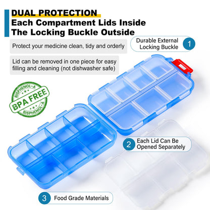 14 Grids Travel Pill Organizer Box with 415-Pcs Medicine Name Labels - Pocket Daily Pharmacy Case Container Kit - Travel Medication Holder Dispenser for Fish Oil Vitamin Supplement Storage -Clear Blue