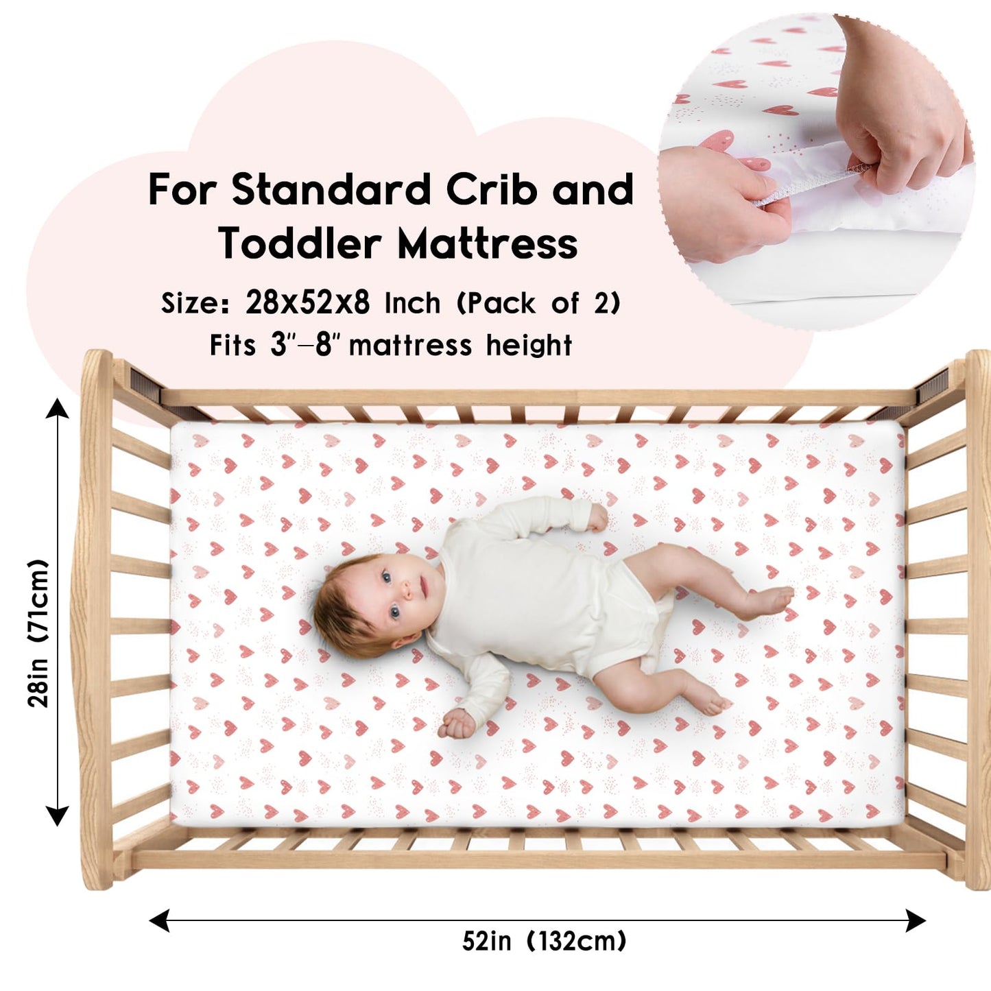 Yoofoss Baby Crib Sheets for Boys Girls, Fitted Crib Sheet 2 Pack for Standard Crib and Toddler Mattress, Super Soft Microfiber Baby Sheet 28x52x8in Pink+Love