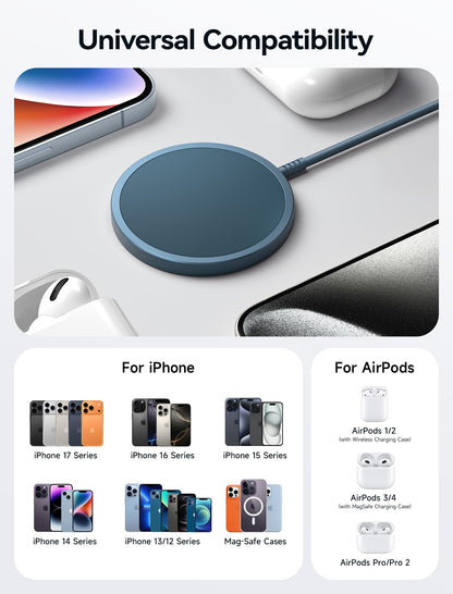 JSAUX Wireless Charger for iPhone 17 MagSafe Charger, Magnetic Charger for iPhone 17 Air Pro Max/16/15/14/13/12 Series/Airpods, Aluminum Alloy, USB & USB C Dual Ports, Mag Wireless Charging Pad-Blue