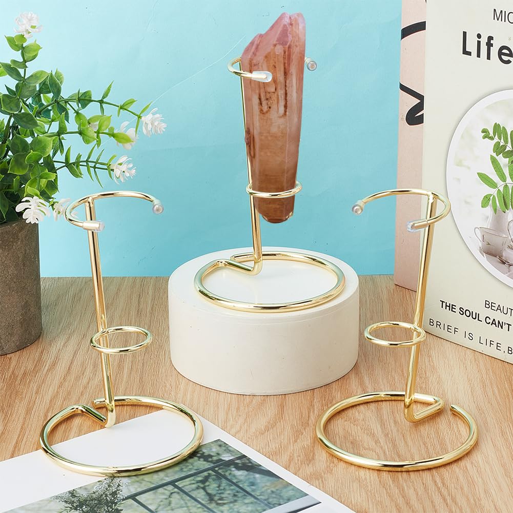 NBEADS 3 Pcs Crystal Wand Display Stand, Rock Display Stands Iron Arms Display Stand Display Easel Holder for Small Gemstones Crystal Mineral Agate, 3.4x5.1inch, Light Gold