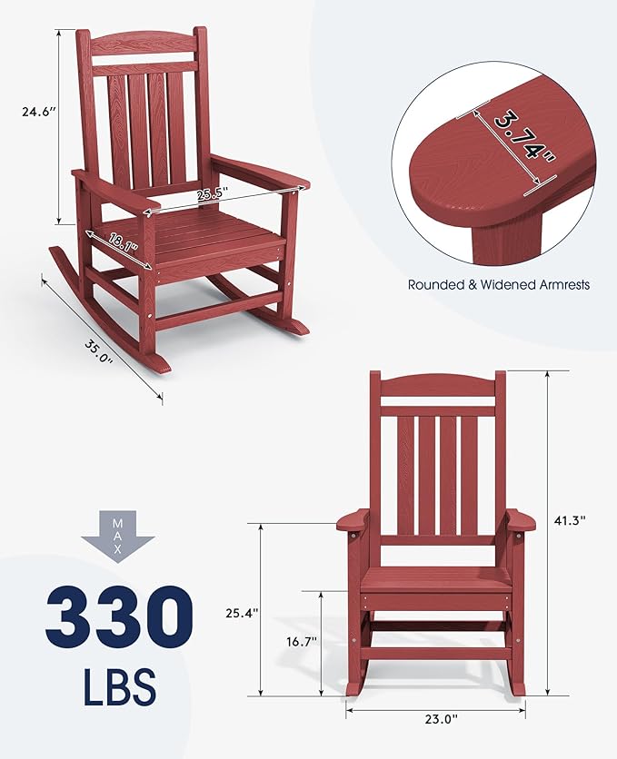 KINGYES Outdoor Rocking Chair Set of 2, High Density Polyethylene Patio Rocking Chairs with 330lbs Support for Adults, Dark Red