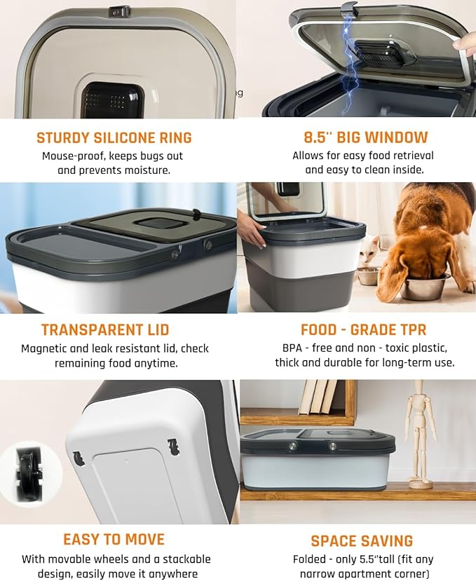 35lbs Dog Food Storage Container, Collapsible Dog Food Container, Airtight Pet