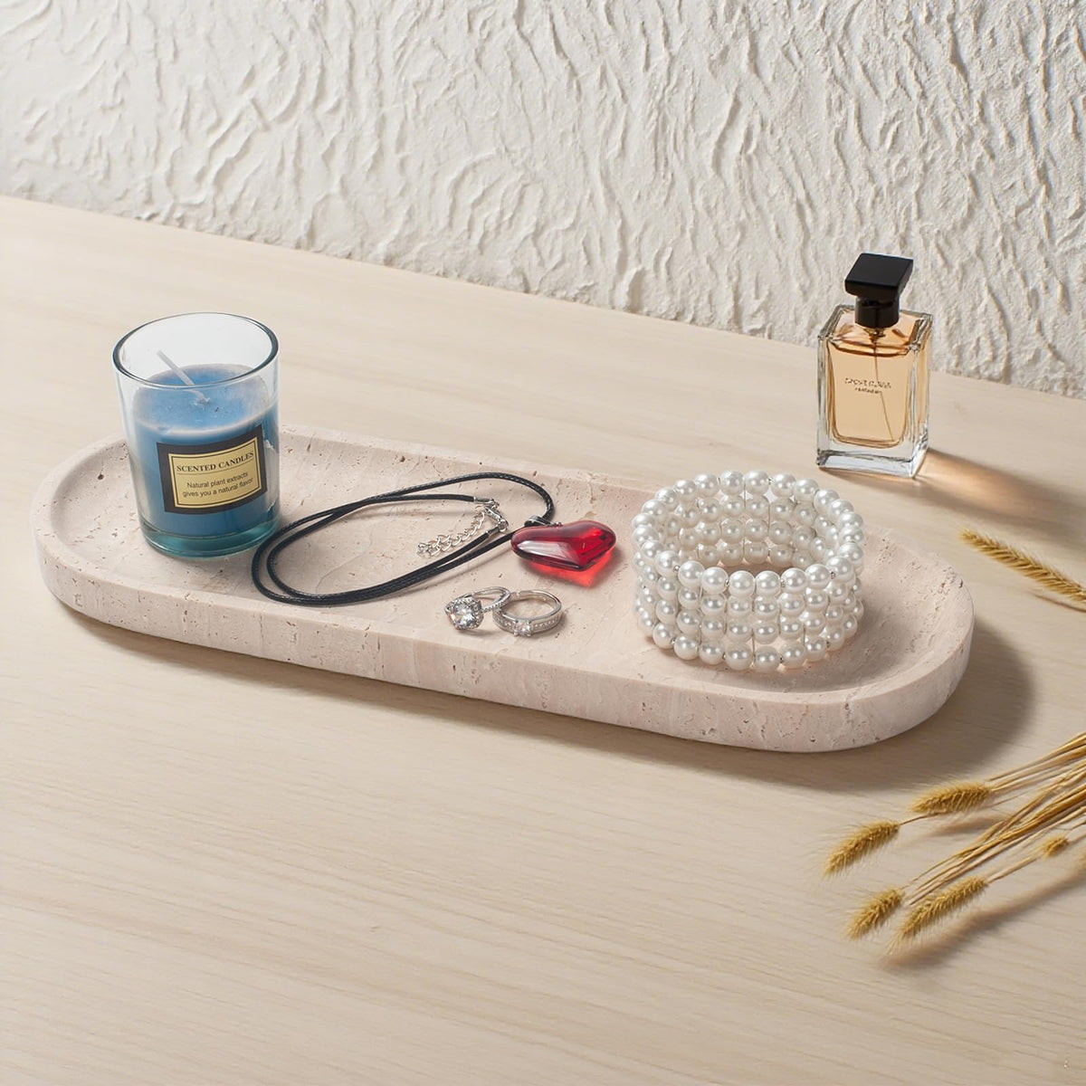 Oval Travertine Stone Tray for Jewelry, Candles, Perfume, Decorative Marble Bathroom Tray for Countertop Organizer 11.8inch x 4.3inch x 0.7inch