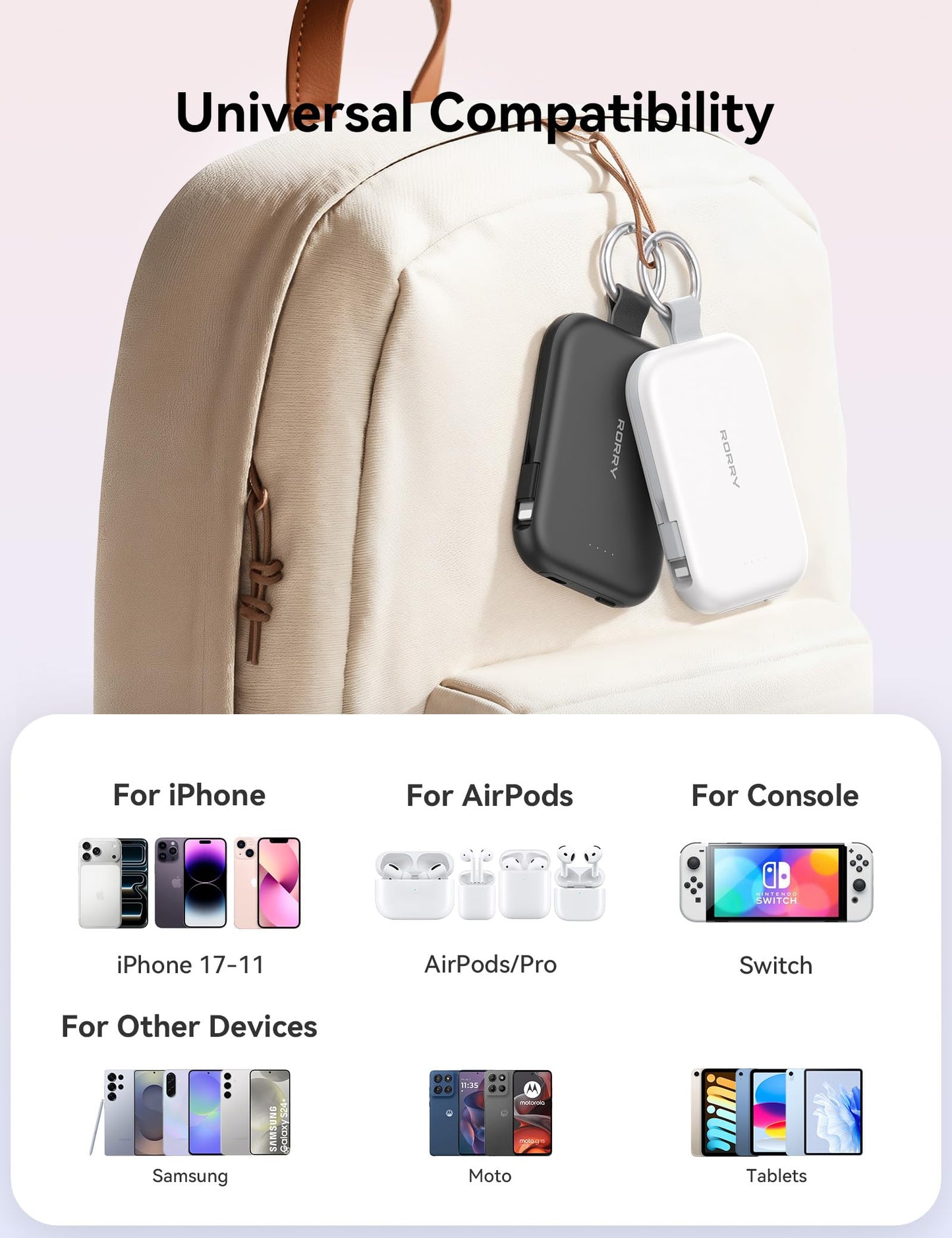 RORRY Portable Charger, 5000mAh Portable Charger Power Bank with Built-in Cables, Travel Keychain Charger Battery Pack for iPhone 17/16/15/14/13/12, for AirPods 2/3/4/Pro, Purple