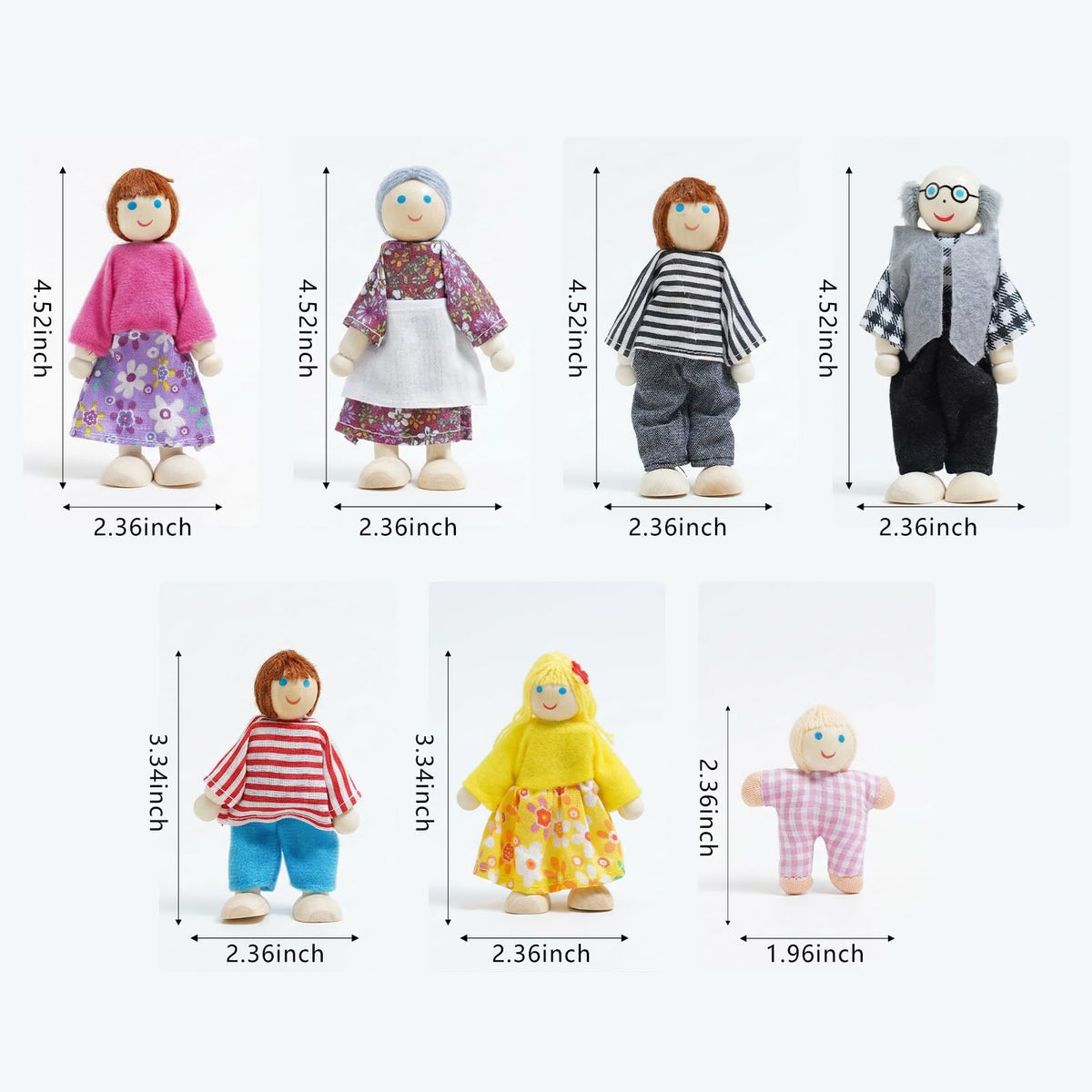 Sing2sky 7PCS Wooden Dollhouse Dolls for Playing House Gifts for Children, Wood, Articulated Pretend Play Figures, Smooth Splinter-Free Wood, Montessori Family Set - 4.5In (Classic)