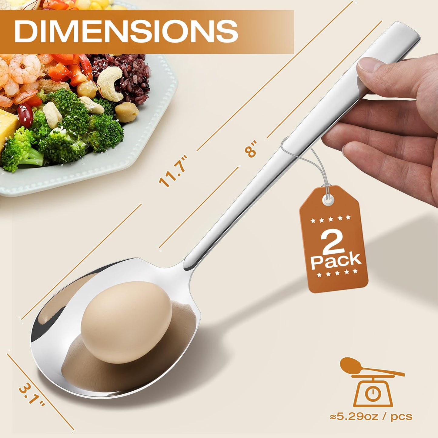 Extra Large Serving Spoons Set of 2-Piece, 11.7-Inch Silver Serving Spoon 18/8 Stainless Steel Serving Utensils for Buffet, Parties, Catering, Banquet - Dishwasher Safe (2-Pack, Silver)
