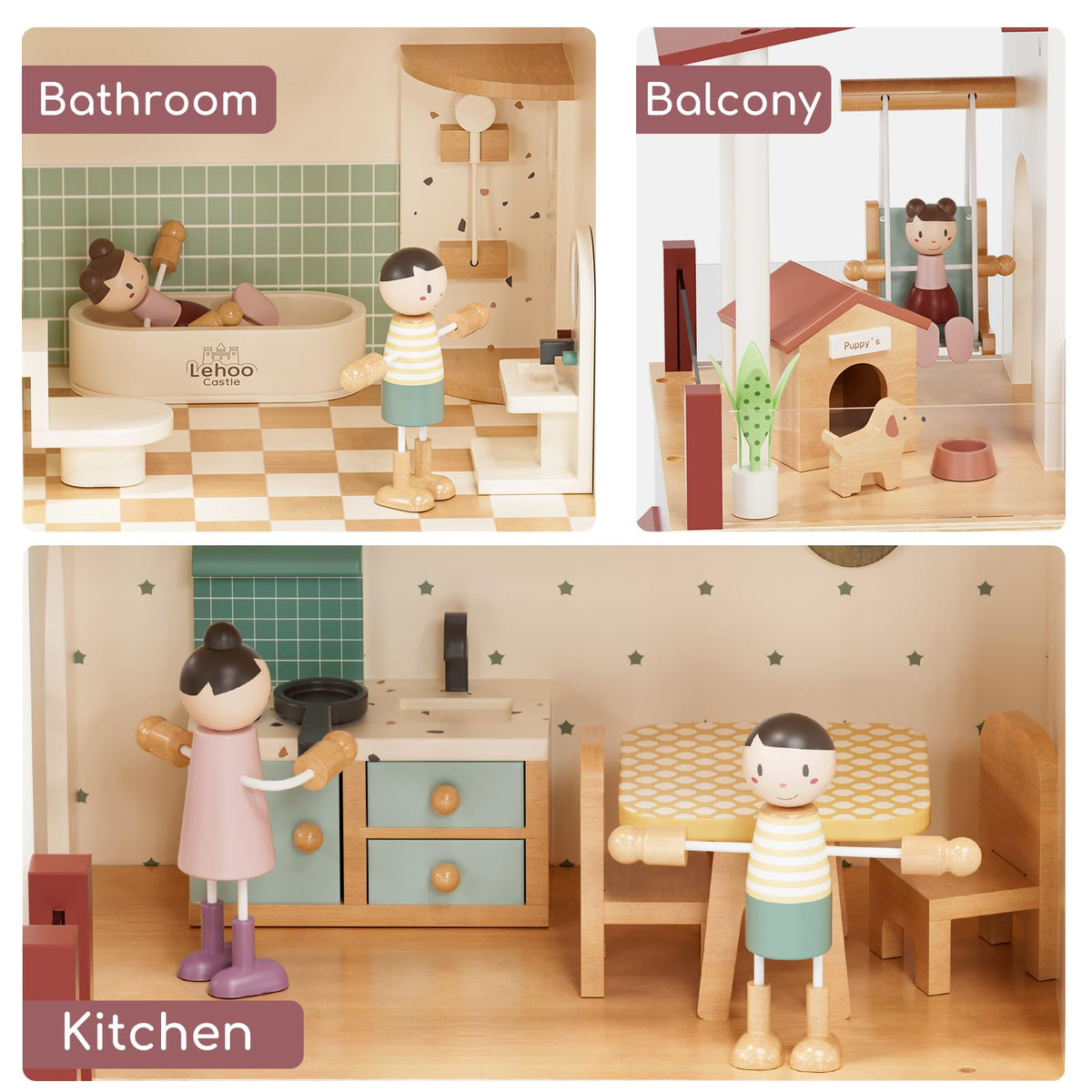 Lehoo Castle Wooden Dollhouse for Girls, Realistic Doll House with 5 Rooms & 38 Accessories, DIY Pretend Play Dream Dollhouse with Doll and Furniture, Ideal Creative Gift for Ages 3+