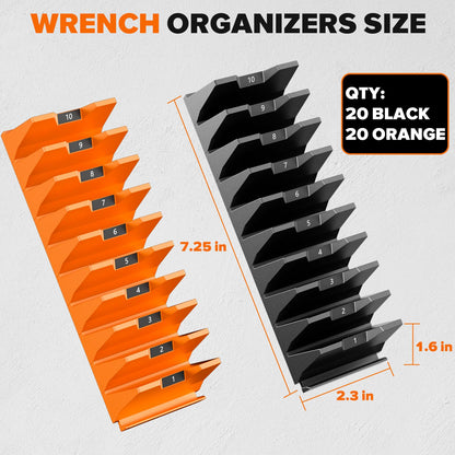 40PCS Modular Wrench Organizer - Wrench Tool Organizers for Tool Drawer Storage, Wrench Storage Set with Metric & SAE Label, Wrenches Rack Tool Gift for Professional Mechanics Men, Black & Orange