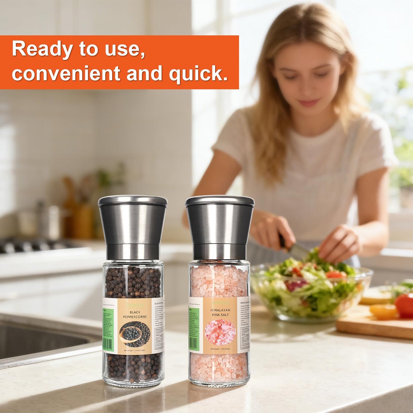 GoldenAnise Stainless Steel Salt and Pepper Grinder Set of 2 - Pre-filled with 3.5oz Black Peppercorns & 7oz Himalayan Pink Salt - Adjustable Ceramic Sea Salt & Pepper Mills, Glass Shakers for Kitchen