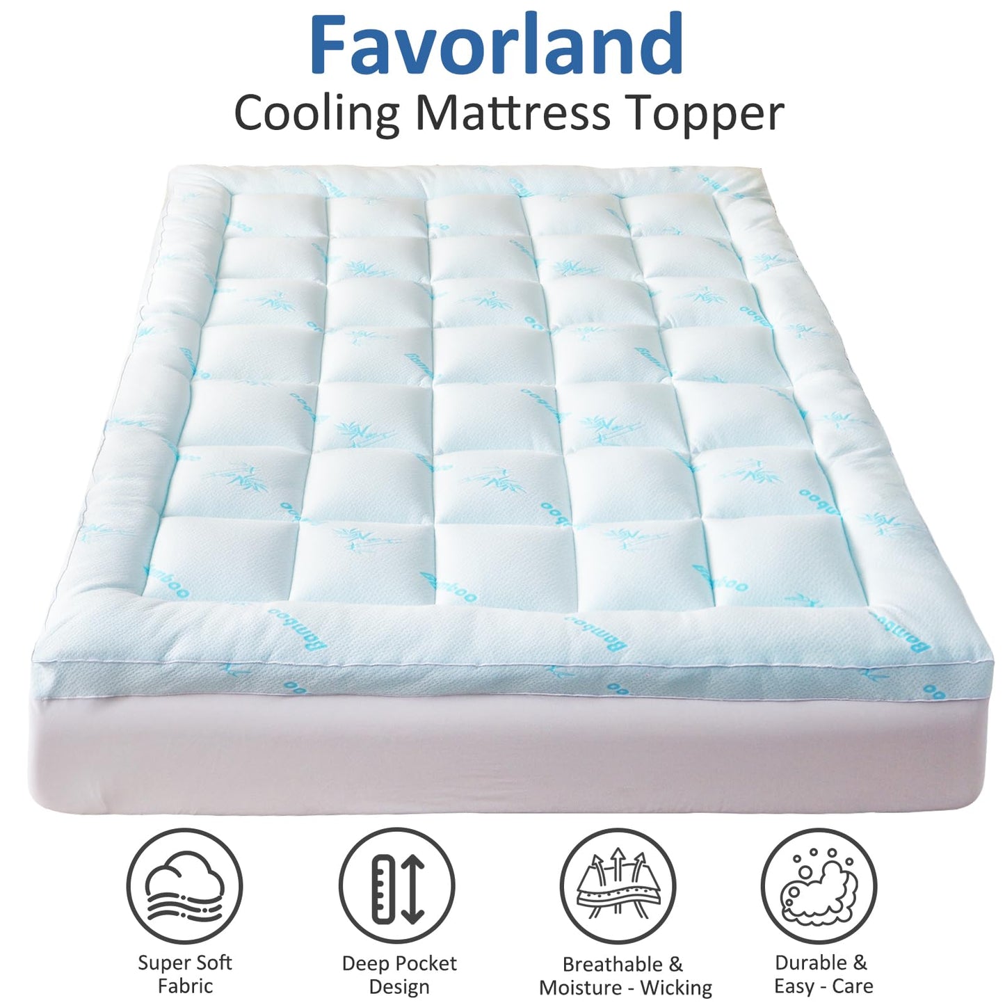 Favorland Mattress Topper Full Size - Cooling Extra Thick Breathable Viscose Made from Bamboo Mattress pad - Soft Quilted Fitted Mattress Cover with 900 GSM Down Alternative Fill (8-21”Deep Pocket)