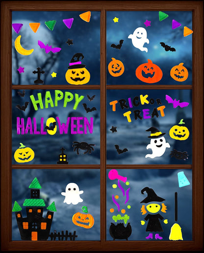 JOICEE 6pcs Halloween Gel Window Clings - Pumpkins Witch Bats Spider Window Decors