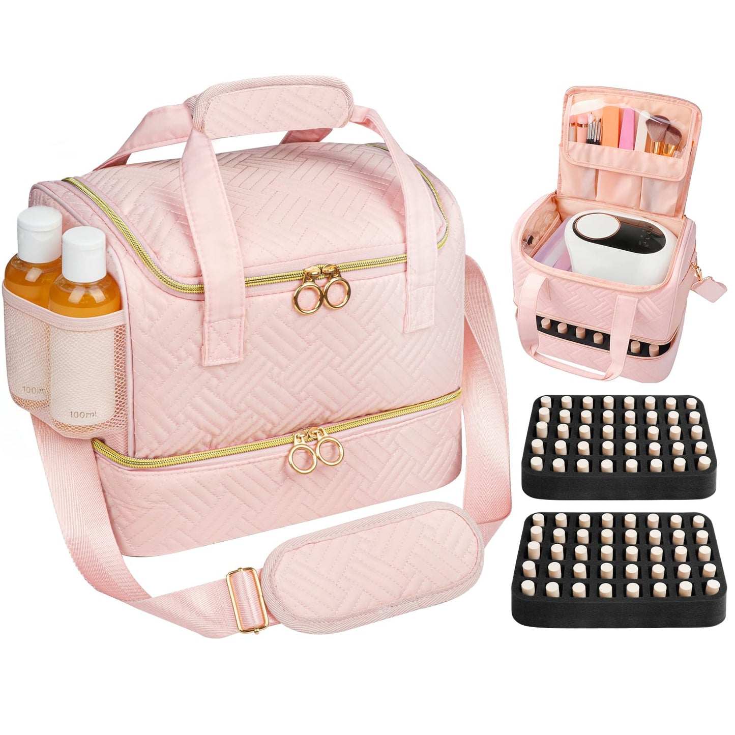 Veirdro Nail Polish Organizer Bag Holds 80 Bottles (15ml/0.5fl.oz)& Nail Lamp, Soft Velvet Nail Kit Storage Carrying Case with Shoulder Strap, Double Layer Nail Supplies Organizer Handbag Women (Pink)