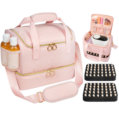 Veirdro Nail Polish Organizer Bag Holds 80 Bottles (15ml/0.5fl.oz)& Nail Lamp, Soft Velvet Nail Kit Storage Carrying Case with Shoulder Strap, Double Layer Nail Supplies Organizer Handbag Women (Pink)