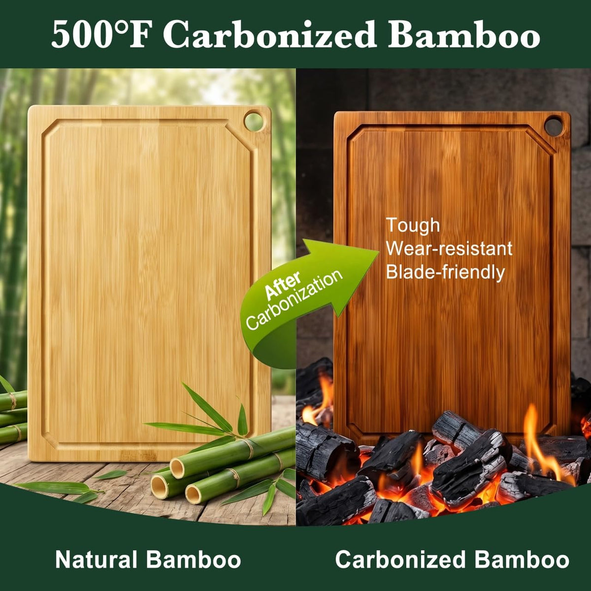 Carbonized Bamboo Cutting Boards for Kitchen Set of 3 Knife-Friendly
