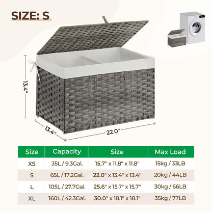 GREENSTELL Storage Basket with Lid, 17.2 Gallon(65L) Small Wicker Blanket Storage Basket with Handles, Foldable, 2 Removable Liner Bags, Metal Frame, for Bedroom, Laundry Room, Grey, 22.2"*13.4"*13.4"