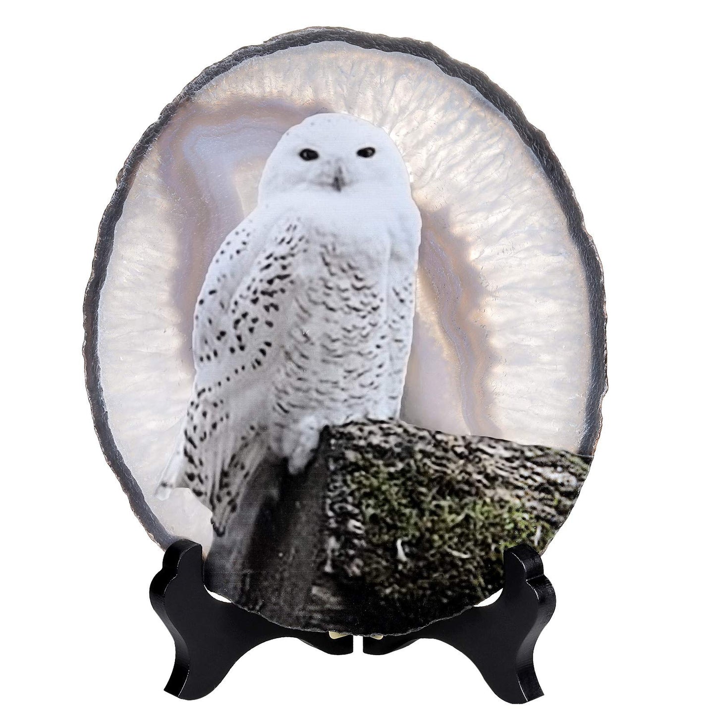 mookaitedecor Natural Agate Slice Art Print Snowy Owl Table Display with Wooden Stand, Irregular Agate Geode Stone Figurine for Office & Home Decoration