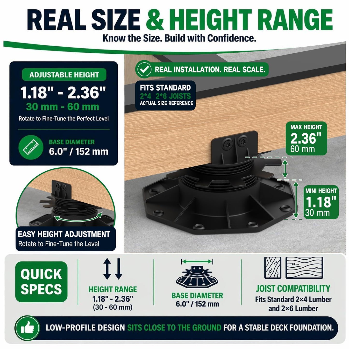 Deckit 12-Pack Adjustable Deck Support Pedestals, 1.18"–2.36" (30–60 mm), for 2×4 & 2×6 Joist Framing, Ground Support & Leveling for Patio, Shed Base & Floating Deck Includes Screws