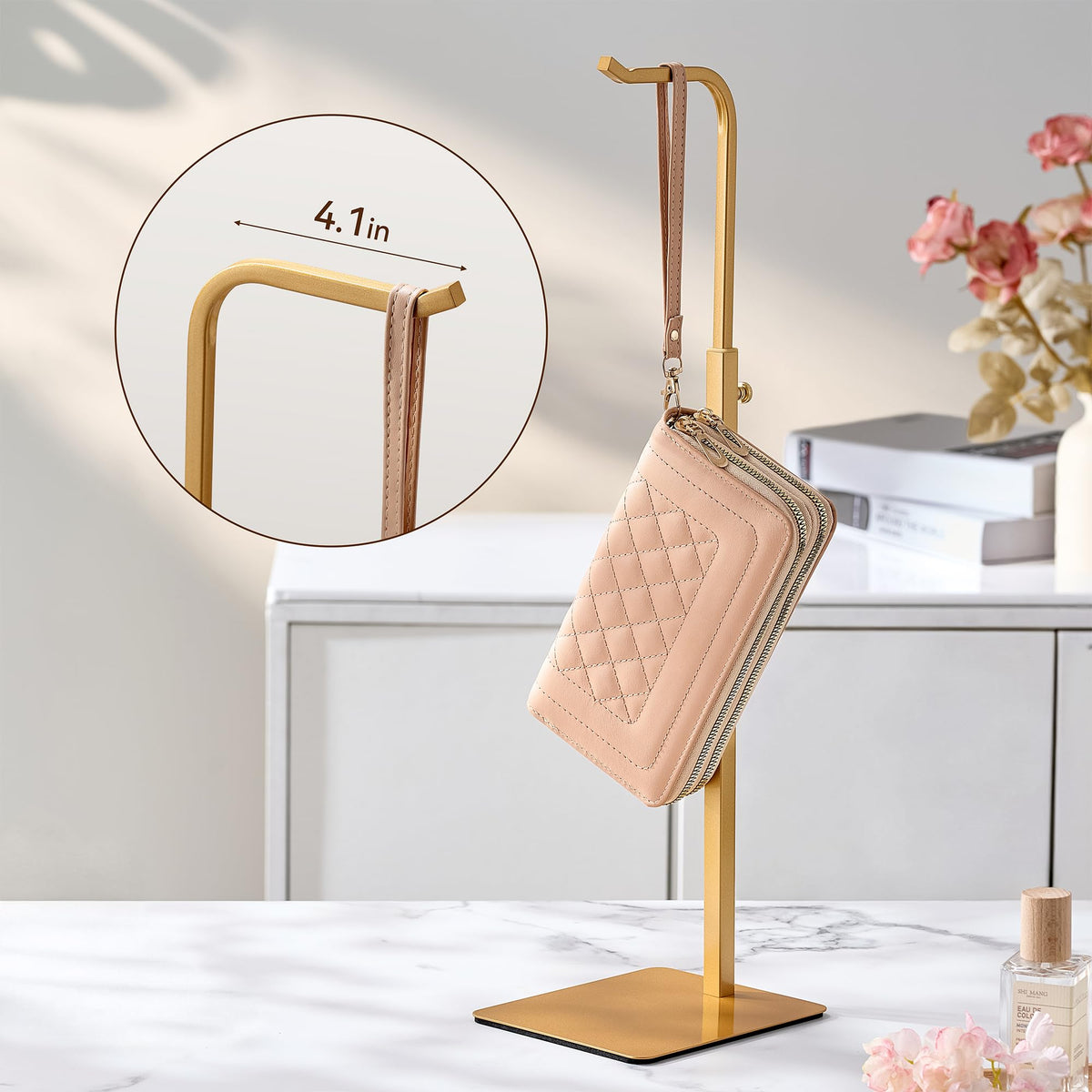 niffgaff 4 Pack Adjustable Purse Holder: Handbag Display Stand, Hanger Rack for Bags, Purses and Wreaths, Tabletop Closet Desk Retail Vendor Display Stand, Gold