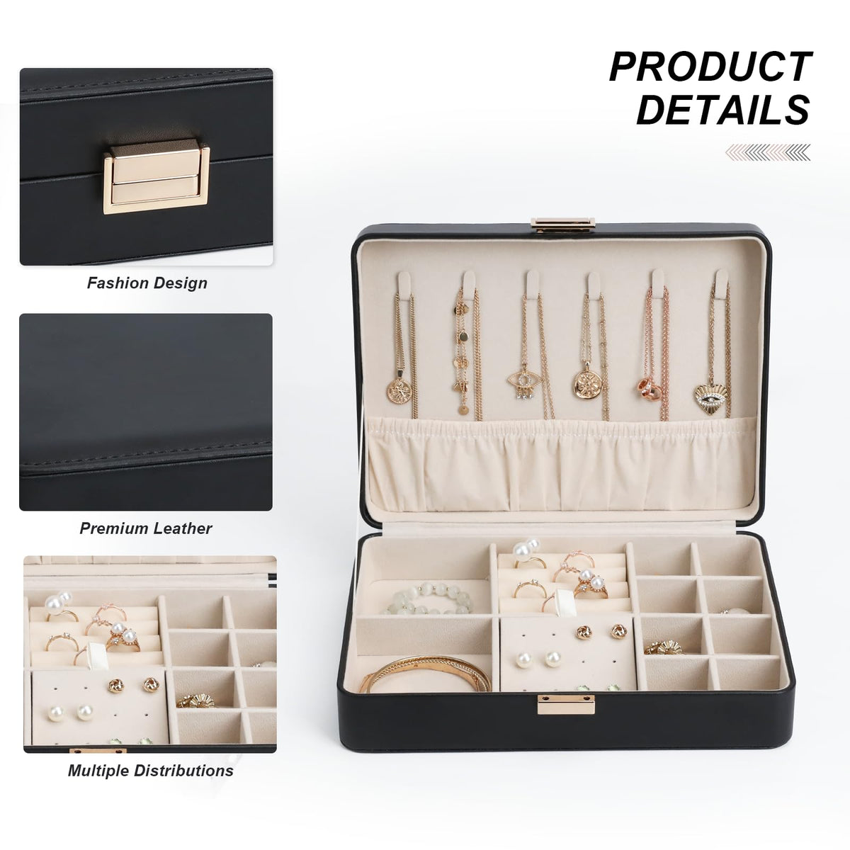 V-LAFUYLIFE Jewelry Box Travel Jewelry Organizer Case for Women | Portable Storage for Earrings, Necklaces, Rings, Bracelets Gift Ready Box Black