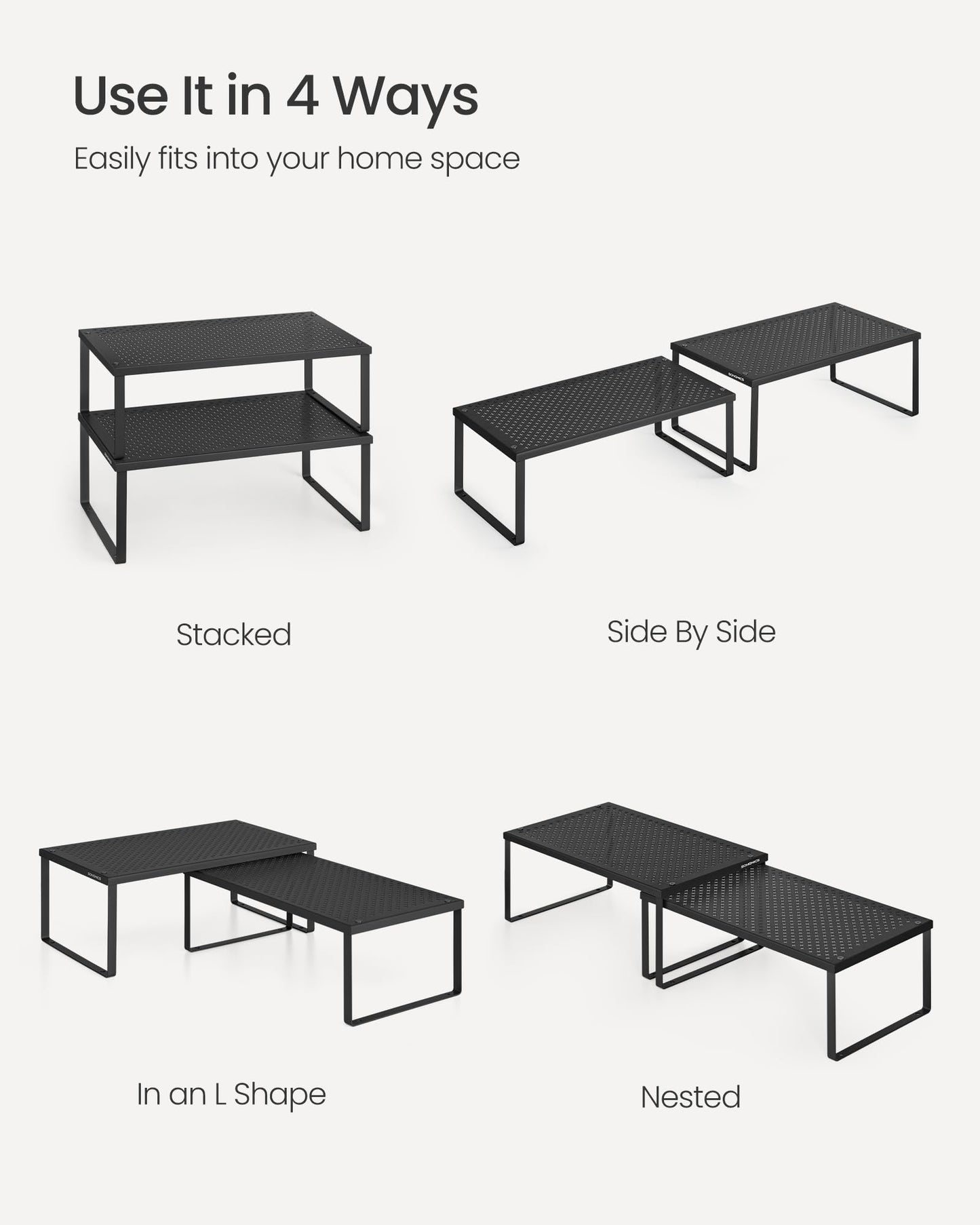 SONGMICS Spice Racks, Set of 2 Metal Cabinet Shelf Organizers, Countertop Organizers, Shelf Risers, Stackable, Expandable, Silver UKCS01SV