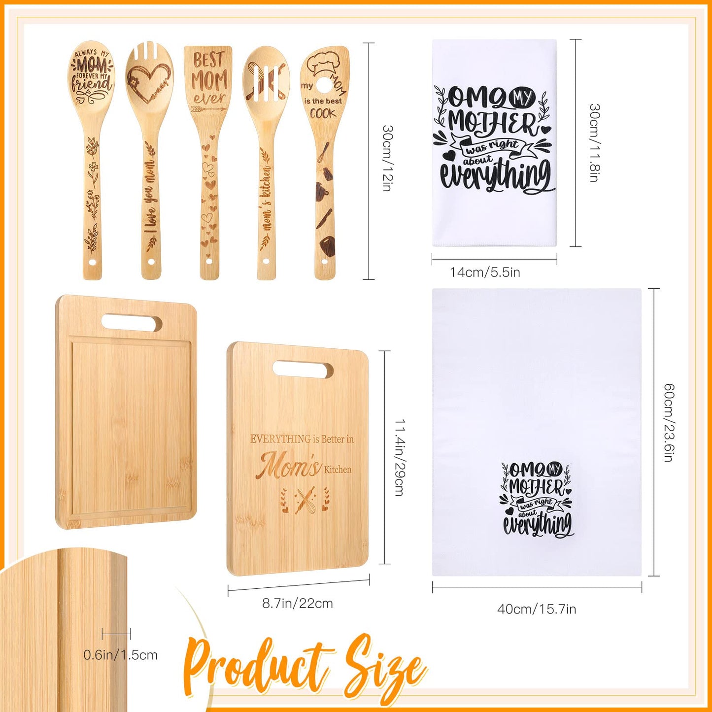 Gerrii 8 Pcs Mom Gifts Kitchen Set Mother's Day Cutting Board Spoons Towels Dish Towels for Kitchen Cooking Gift Utensils Housewarming Decoration from Grandson Granddaughter Son Daughter