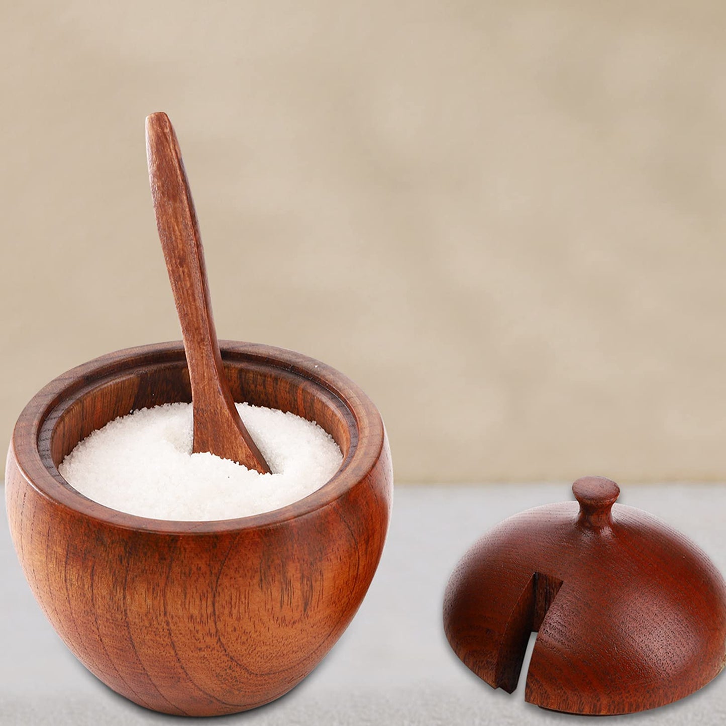 DEAYOU 3 Pack Wood Salt Box Spice Jar, Natural Wooden Salt Cellar with Lid and Spoon, Sugar Bowl Pepper Seasoning Container Holder Keeper for Kitchen, Serving, Condiment, Japanese Style