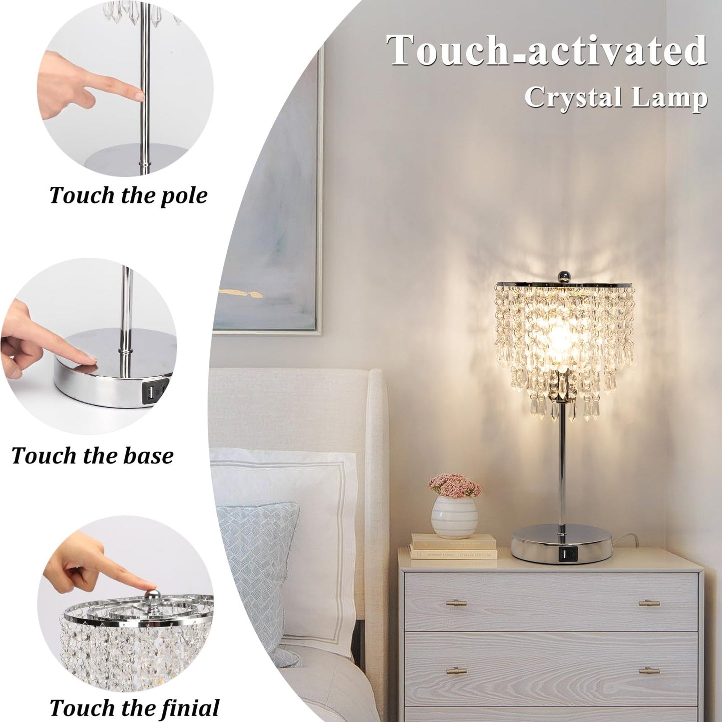 Touch Control Crystal Table Lamp with USB C+A Charging Ports, 3-Way Dimmable Bedside Touch Lamp Decorative Nightstand Lamp with Elegant Lampshade for Living Room Bedroom, B11 LED Bulb Included
