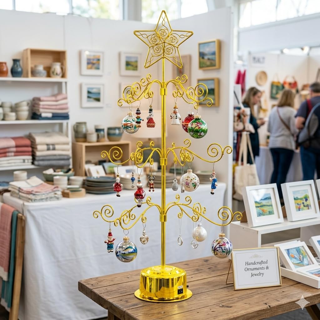 HOHIYA 24” Rotating Ornament Display Tree Stand 36 Hooks Metal Tabletop Display Rack for Christmas Ornaments Halloween Decor Craft Show Display Heavy Duty Brass Gold