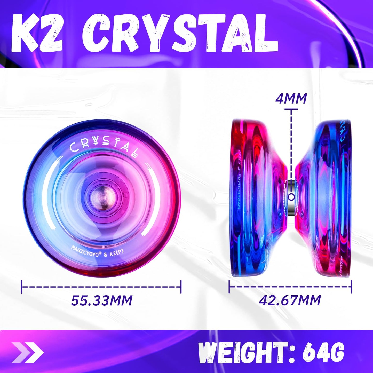 MAGICYOYO Responsive Yoyo for Kids K2 Crystal Pink Purple, Dual Purpose Beginner, Trick Professional Ball with Unresponsive Bearing Kit + 12 Strings Case (MGYOYOK2CPP)