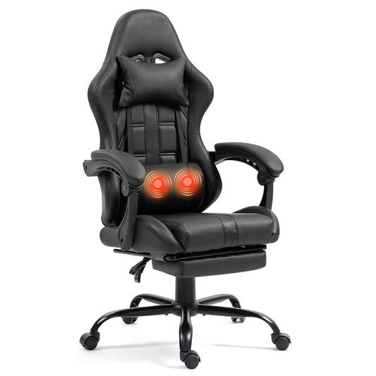 Massage Gaming Chair w/Footrest, Ergonomic High Back PC Chair w/Headrest and Lumbar, PU Swivel Home Desk Office Chair, Black