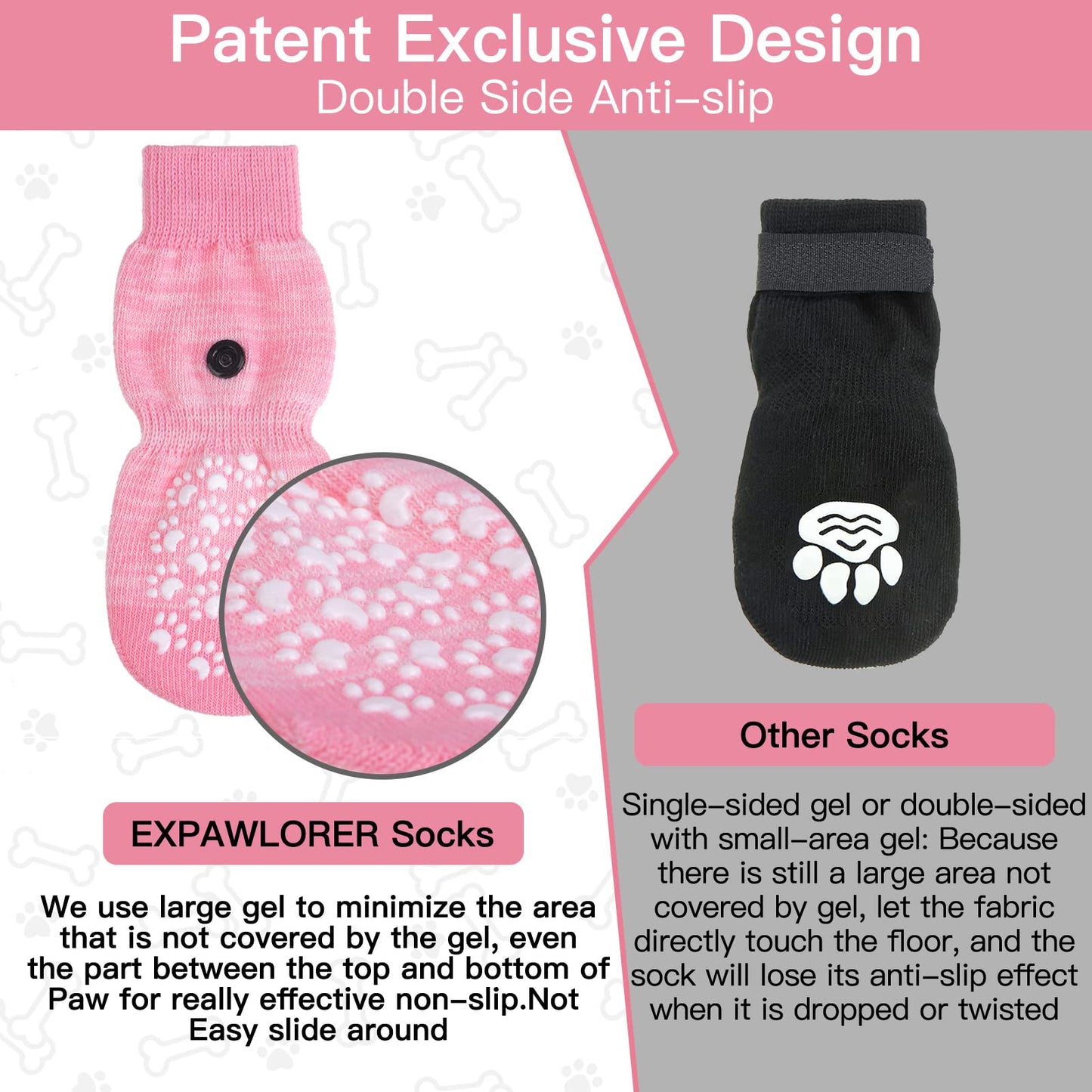EXPAWLORER Dog Socks with Grips - Double Sides Anti-slip Dog Gripper Socks for Hardwood Floors, Stop Licking Injured Paws, Adjustable Socks with Extra Traction for Small Medium Large Dogs (Pink, M)