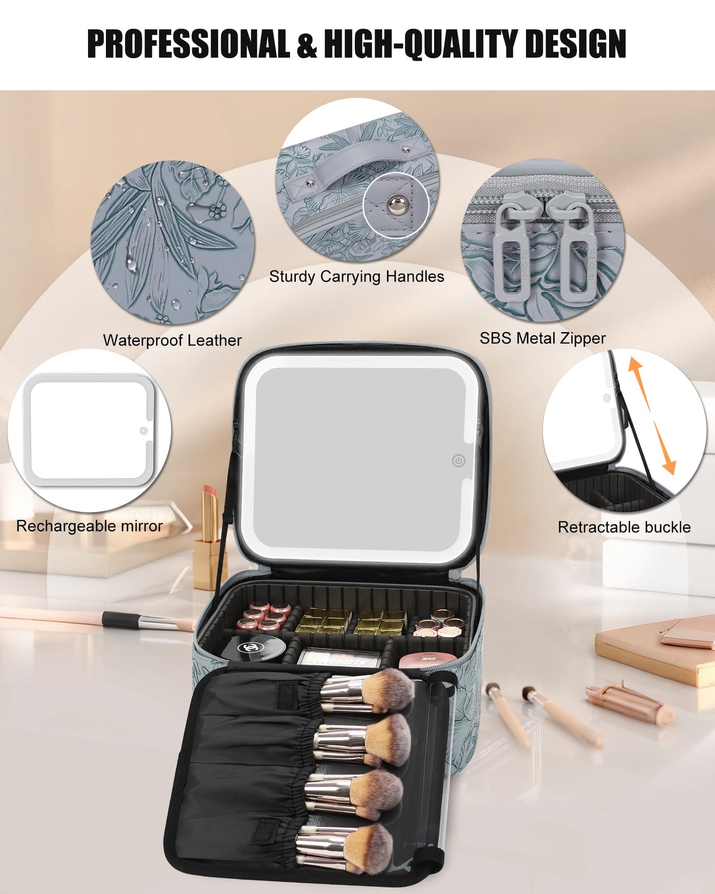 Relavel Travel Makeup Bag With LED Mirror, Cosmetic Train Case with Light up Mirror, Portable Makeup Artist Organizer Bag with Adjustable Dividers, Makeup Brush Holder Storage, Black