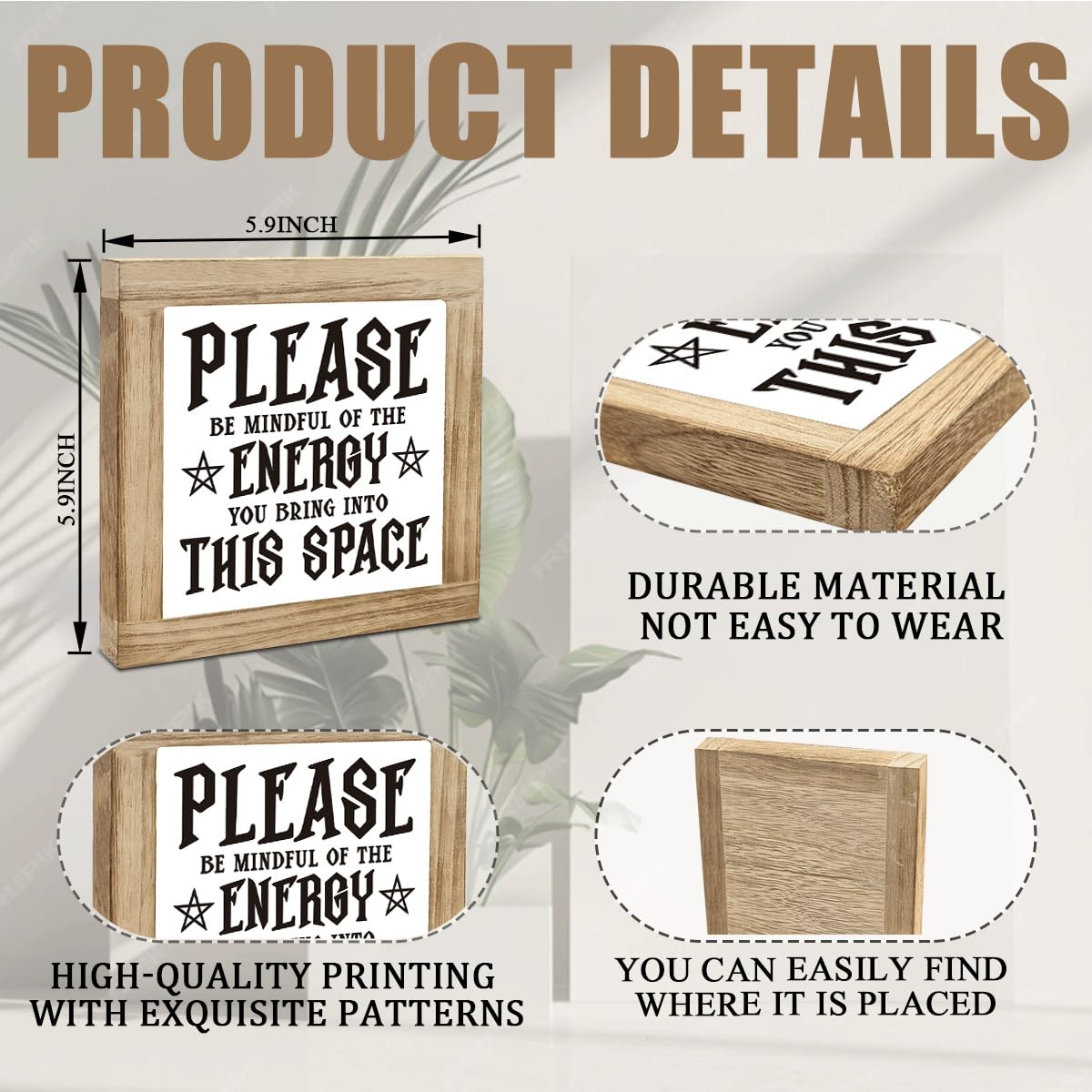 Please Be Mindful of The Energy You Bring into This Space Sign, Country Style Wooden Box Sign, Interesting Home Decoration for Desktop Shelf Gift for Friends 5.9X5.9X0.7 inches