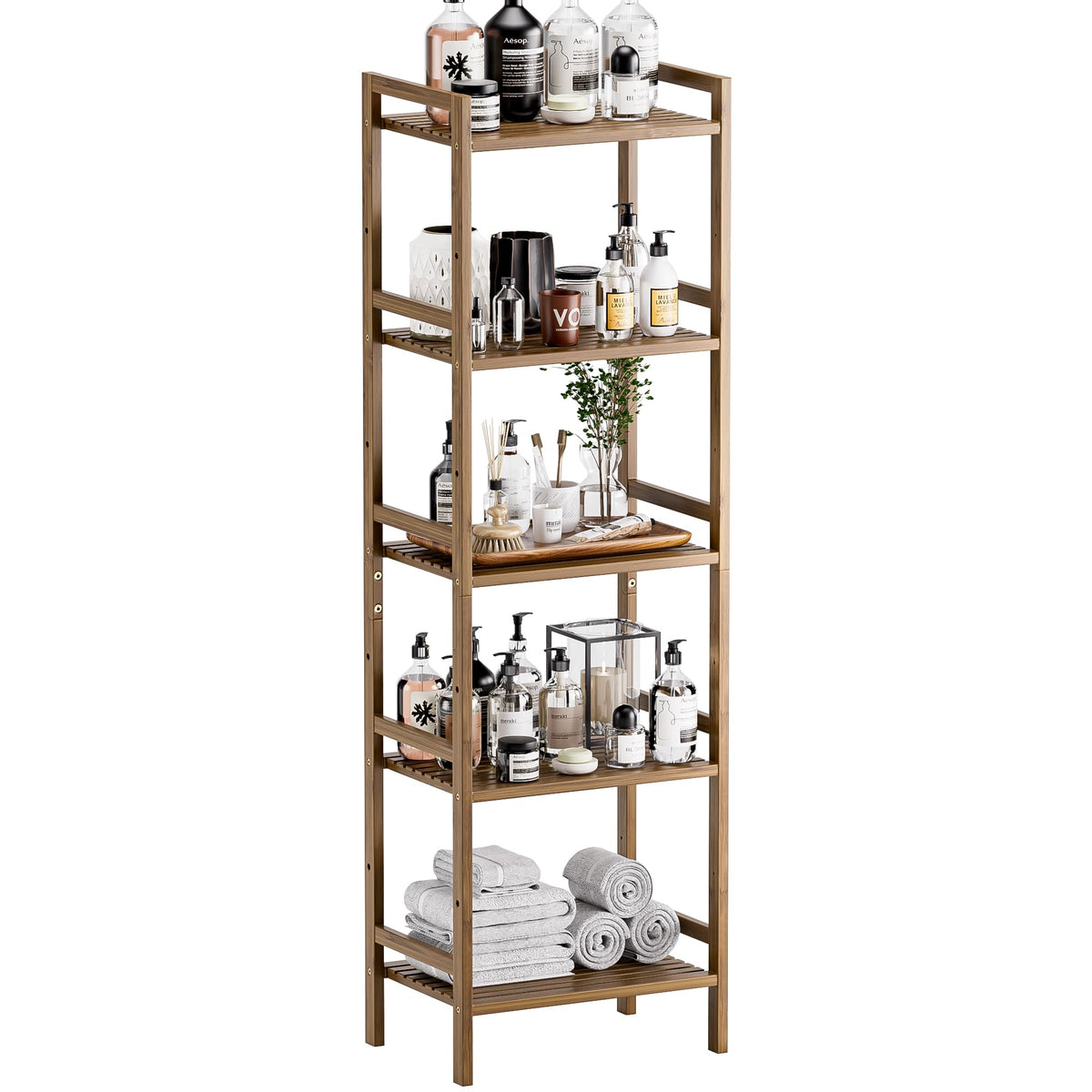 HITNET Bamboo Book Shelf, Tall Narrow Bookcase, Bathroom Shelving Unit 5 Tier Floor Standing Adjustable Bookshelf for Small Spaces, Walnut