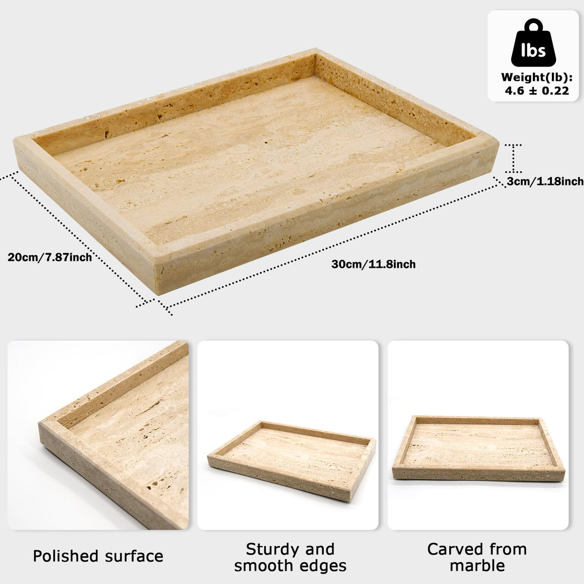 MULWR Travertine Tray,Bathroom Vanity Tray Non-Ceramic/Non-Resin,Marble Perfume Decorative Tray 12 x 8 inch (Travertine)