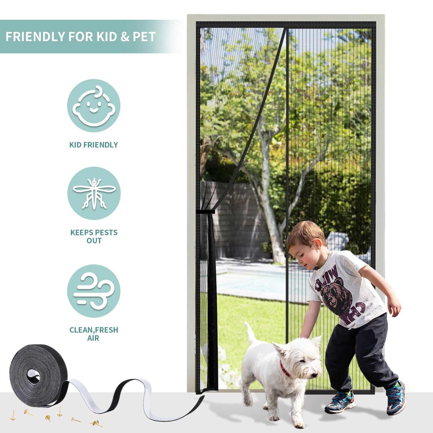 Magnetic Door Screen 90 x 210 cm, SMALUCK Heavy Duty Fly Door Screen Mesh with Powerful Magnets, Durable Mesh Curtains Keeps Bugs Out, Frame Hook & Loop, Kid and Pet Friendly