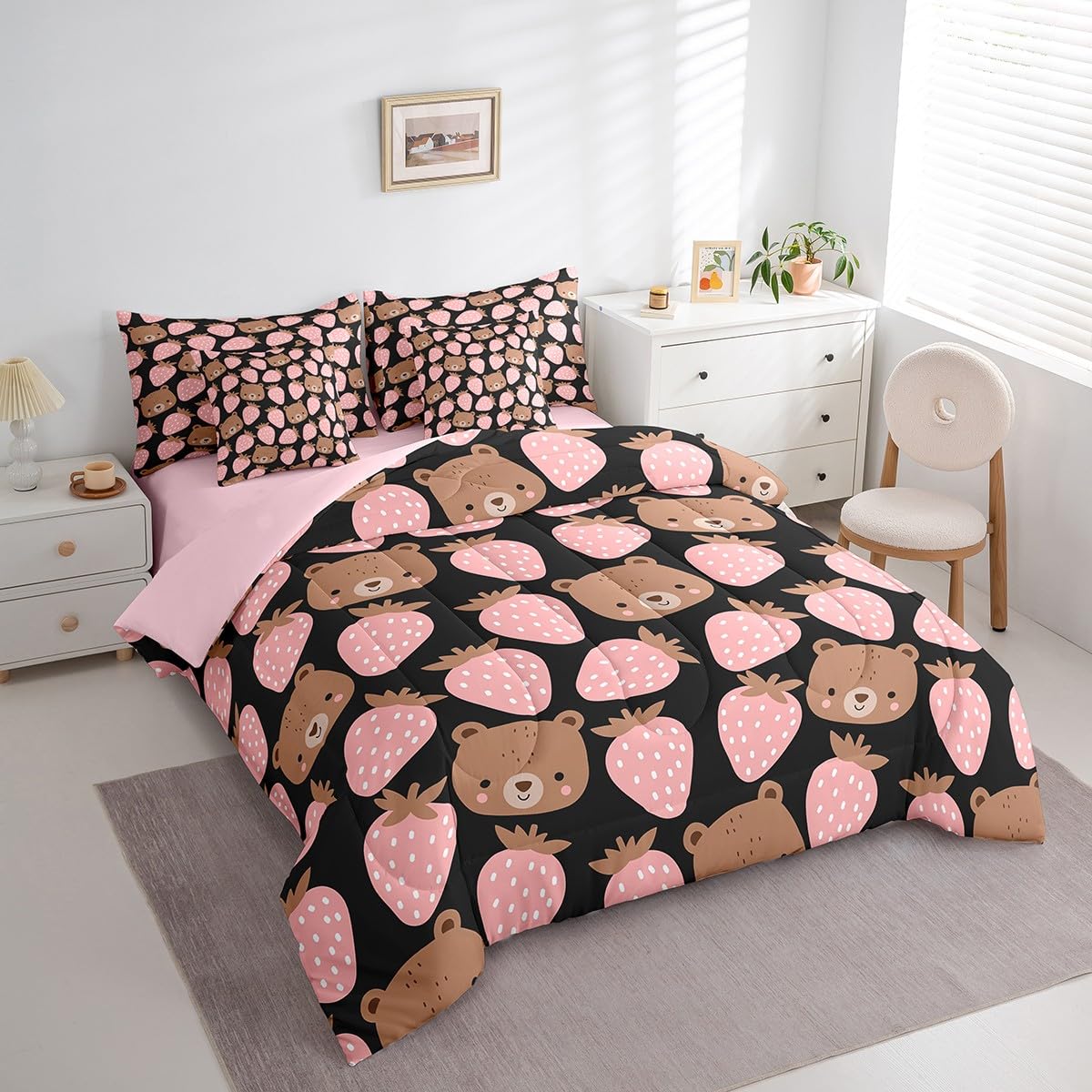 Cartoon Bear 7Pcs Comforter Set Full Size,Sweet Strawberry Bedding Sets for Kids Girls Boys Teens Room Decor,Cartoon Animals Bed in a Bag Cute Pink Fitted Flat Sheet,2 Throw Pillow 2 Pillowcases