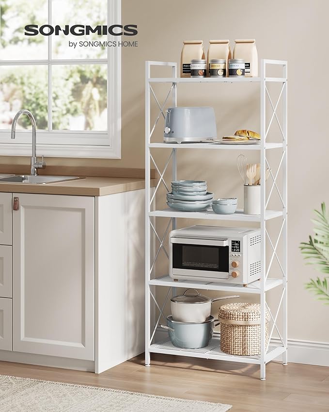 SONGMICS 5-Tier Metal Storage Rack, Shelving Unit with X Side Frames, Dense Mesh, 12.6 x 23.6 x 57.3 Inches, for Entryway, Kitchen, Living Room, Bathroom, Industrial Style, Cloud White UBSC165W01