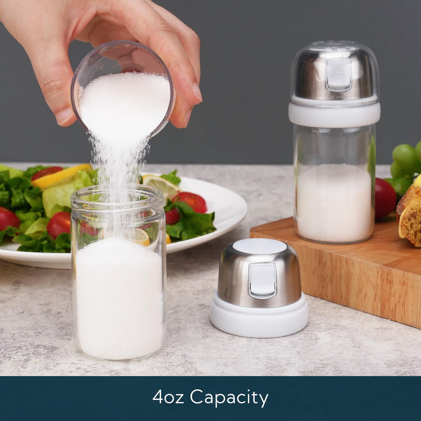 KTCHENDAO 2 in 1 Glass Salt Shaker with Side Pour Spout, Built-in Lid to Slow Down Dampness with Mearsuring Marks, Elegant Borosilicate Glass Salt Dispenser for Kitchen, BPA Free, 4oz (White)