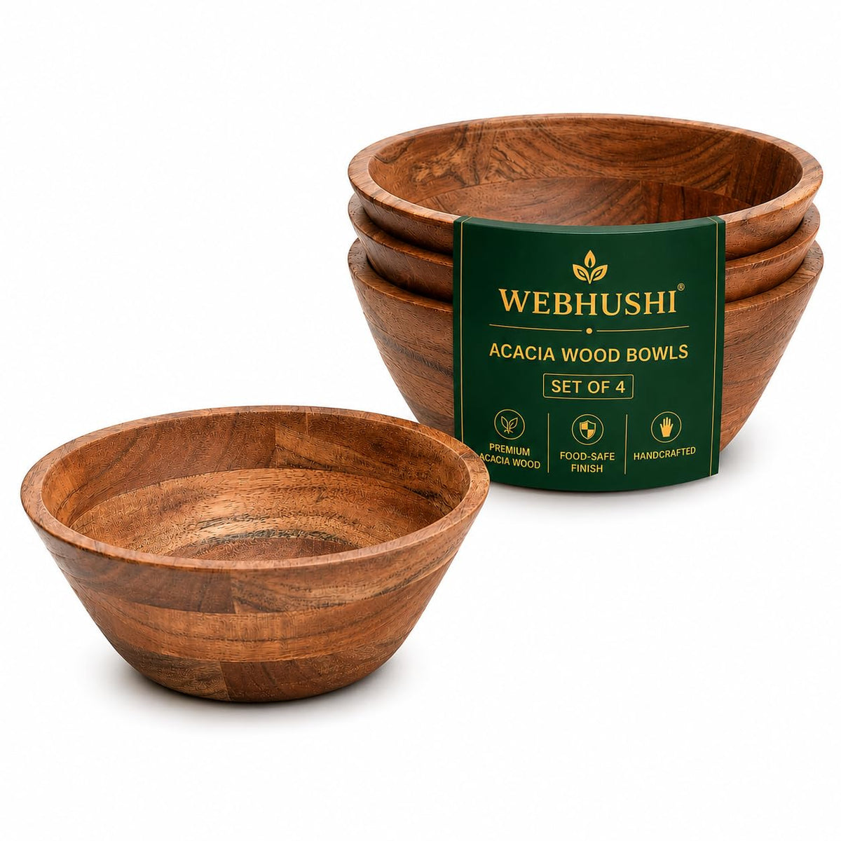 WEBHUSHI Acacia Wood Bowl Set of 4, 7-Inch Medium Serving Bowls, 700 Cubic cm Volume, 0.70 Liter Capacity, Brown