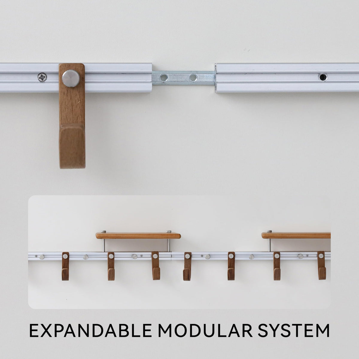 XAOHOME Wall Mounted Coat Rack with Shelf, Modular Entryway Hooks Organizer, Adjustable Aluminum Rail with Wooden Hooks, Expandable Storage for Entryway, Hallway, Mudroom