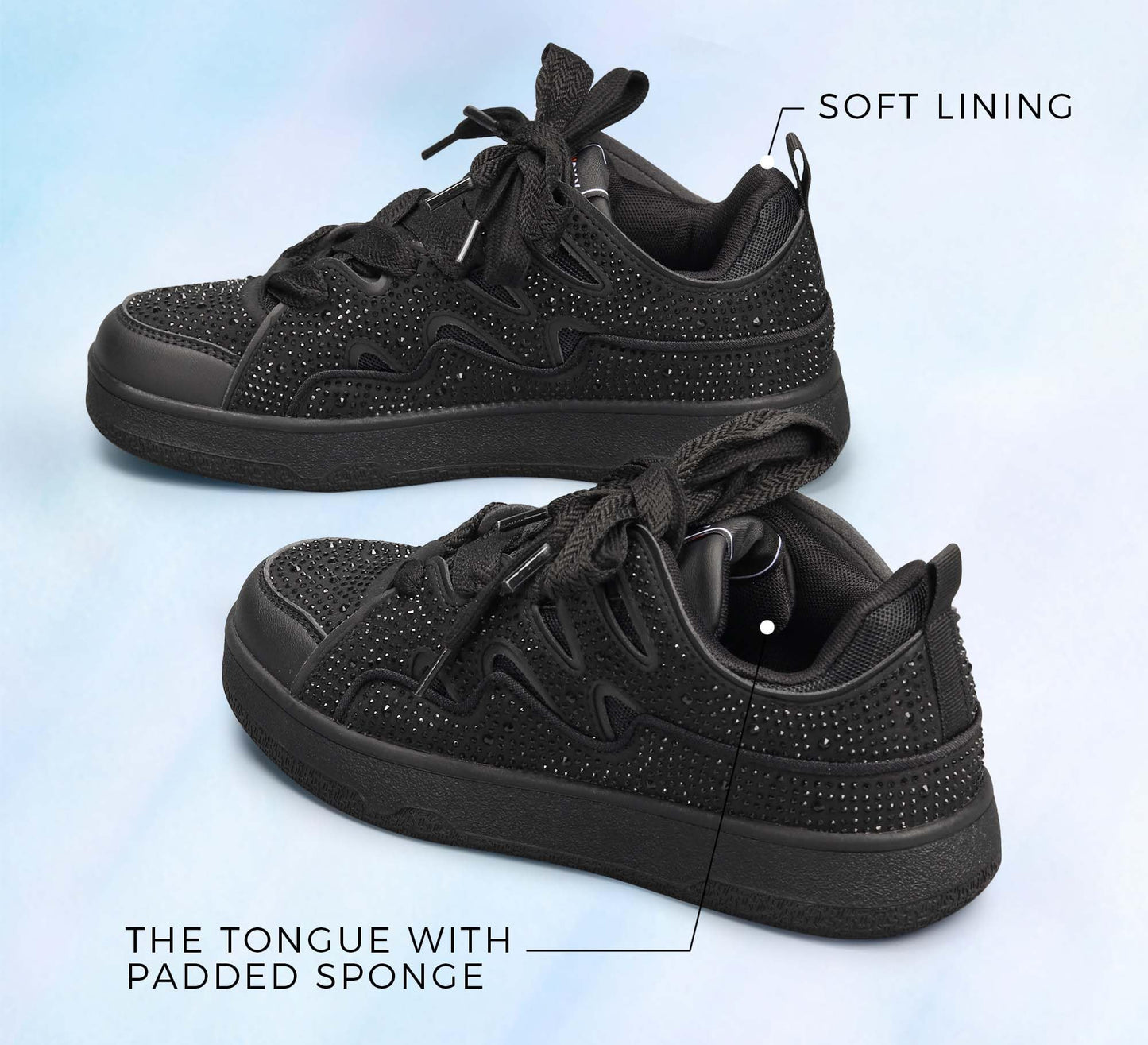 LUCKY STEP Women's Sparkle Rhinestone Fashion Sneakers Walking Tennis Bling Glitter Roaring Shoes Platform Lace up Casual Mesh Sneaker(Black Rhinestone,7)