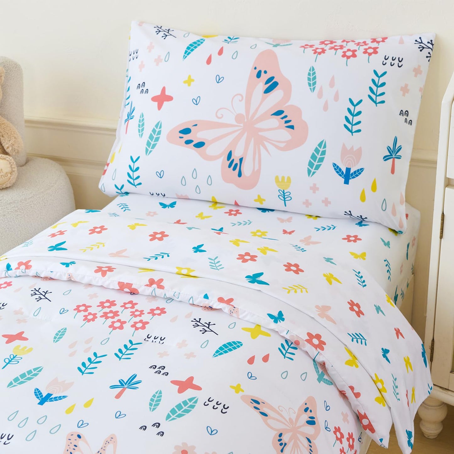 PERFEMET Girls Toddler Bedding Colorful Flower Blossom Comforter Set Butterfly Print Toddler Bedding Sets Ultra Soft Lightweight Bed-in-A-Bag for Toddlers(4 Pieces, White)