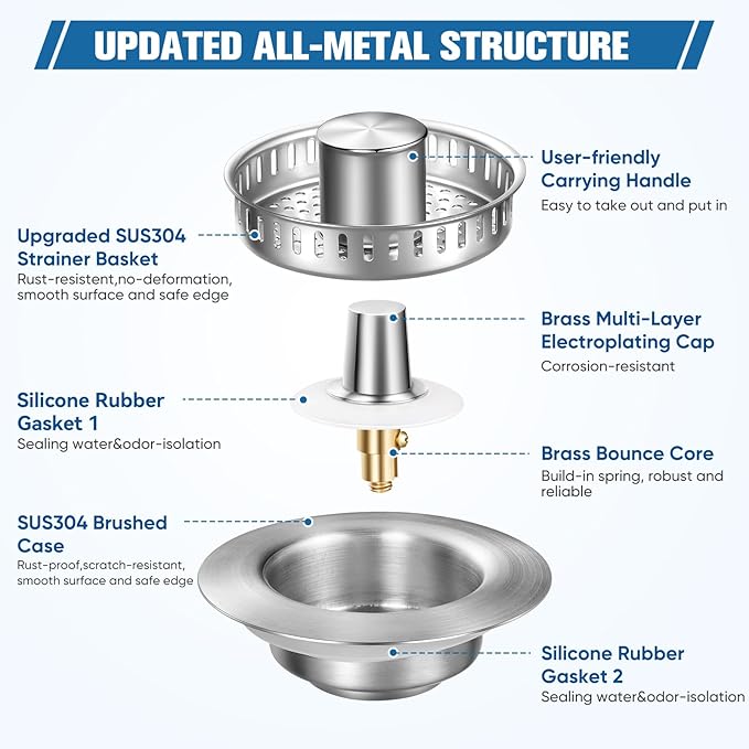 Sink Drain Strainer Kitchen Sink Drain Strainer&Sink Stopper, Stainless Steel