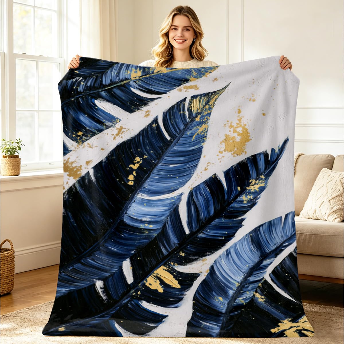 HUNXIAOJ Tropical Blankets and Throws Tropical Plant Blanket for Couch Bed Room Home Decor Tropic Leaf Throws Blue Gold Botanical Decor Flannel Gifts for Women Adults Kids 49"x59"
