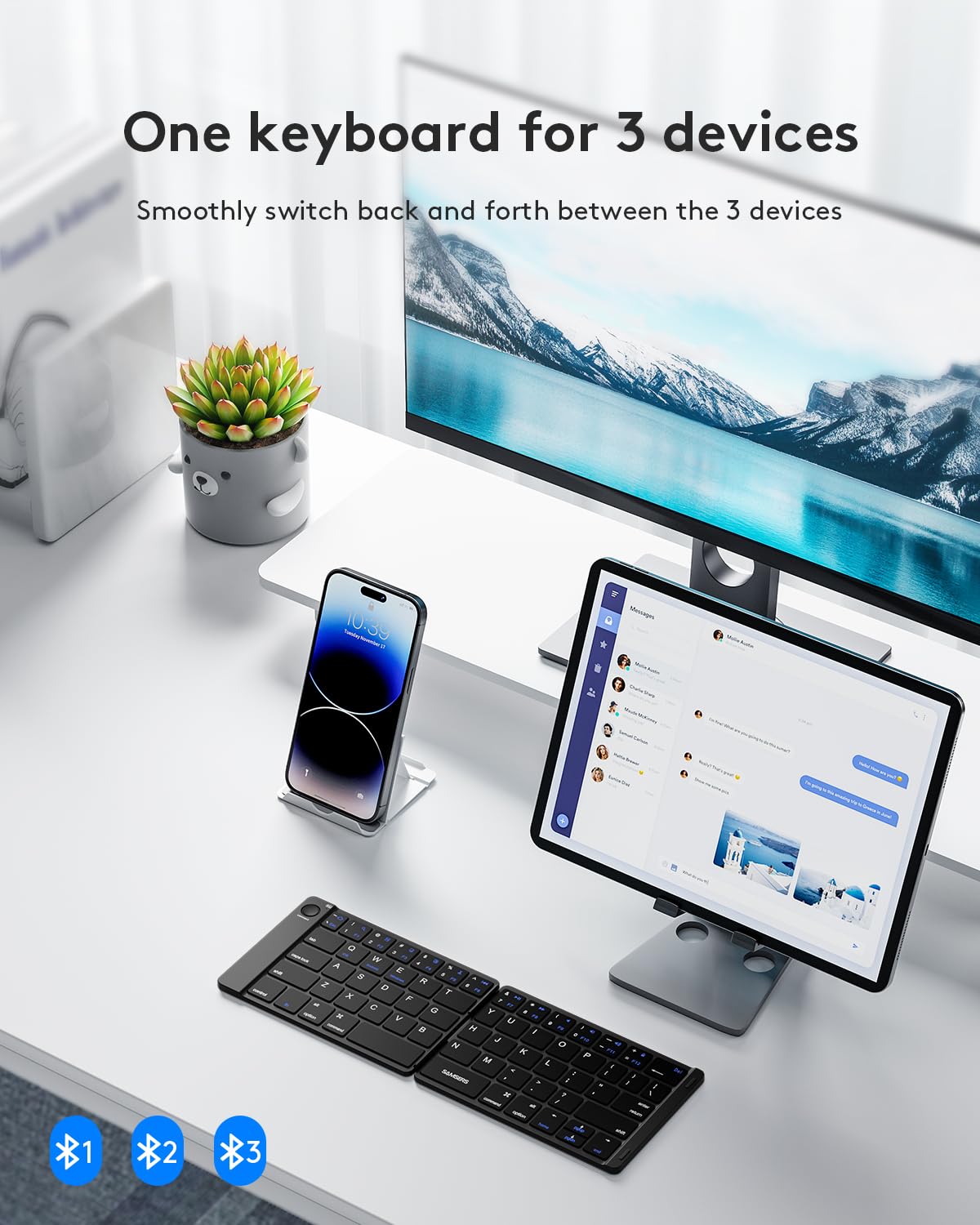 Samsers Foldable Bluetooth Keyboard - Portable Wireless Keyboard with Stand Holder, Rechargeable Full Size Ultra Slim Folding, Compatible iOS Android Windows Smartphone Tablet and Laptop - Black