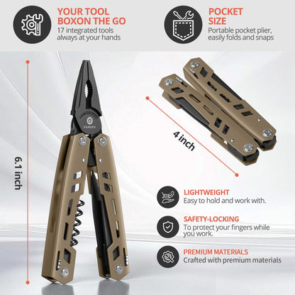 Multitool 17-in-1 Stainless Steel Multi Tool with Pocket Knife Needle Nose Pliers Bottle Opener Screwdriver Self-Locking Professional Multi-Tool for Outdoor Survival Gifts for Men(Brown)